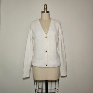Marled White Cardigan with Gold Heart Accents